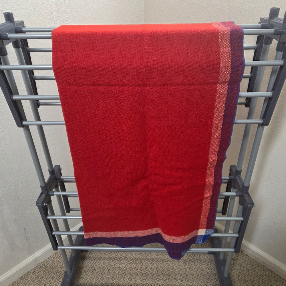 Vintage Style Red Woven Wool Blend Throw Blanket Blue White Striped Border 36x50